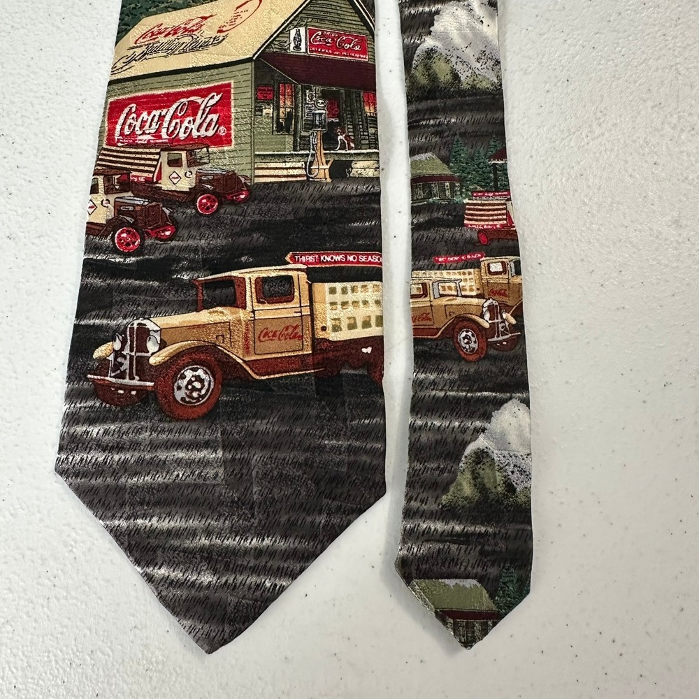 Vintage Coca Cola Silk Tie Mens Black Red Yellow Truck Soda Fountain USA Made